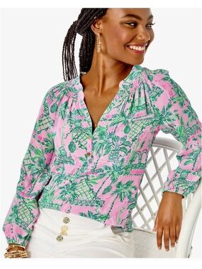 Lilly Pulitzer Pink and Green Tropical Print Peasant Blouse